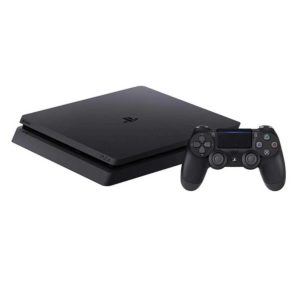 A sleek black PlayStation 4 Slim 1TB console viewed from the front.