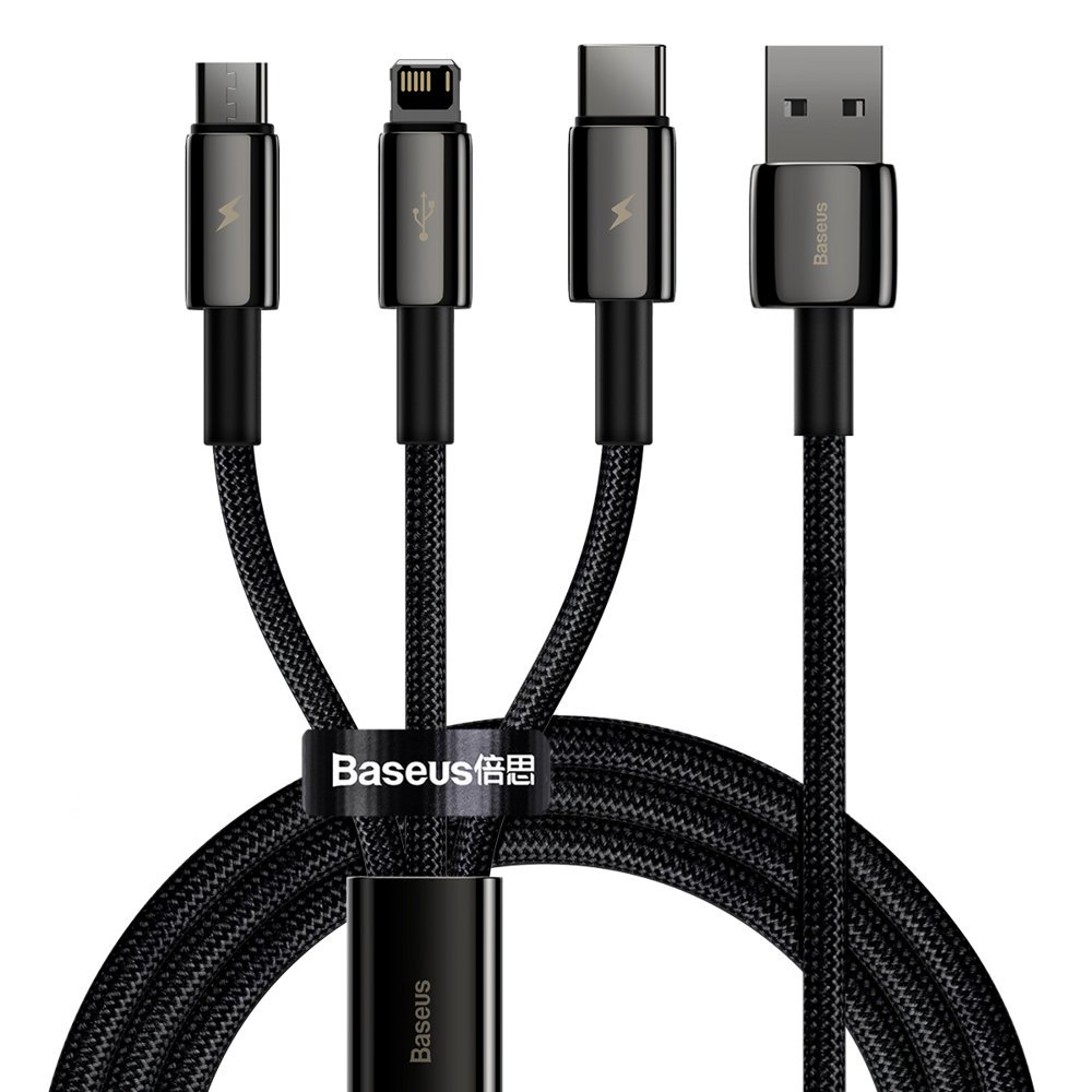 Baseus Tungsten Gold One-for-three Fast Charging Data Cable USB to M+L+C 3.5A 1.5m Black- CAMLTWJ-01