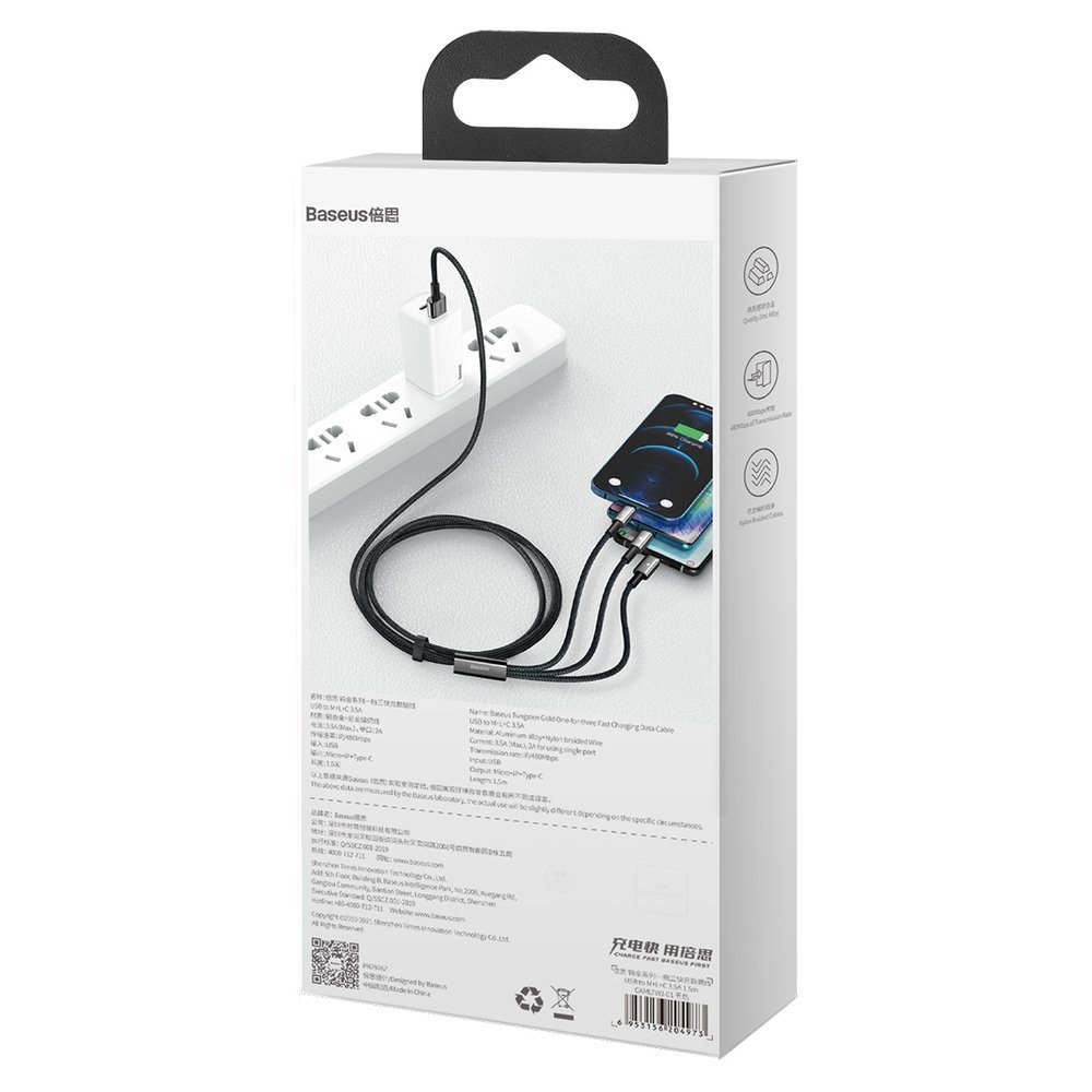 Baseus Tungsten Gold One-for-three Fast Charging Data Cable USB to M+L+C 3.5A 1.5m Black- CAMLTWJ-01 - Image 6
