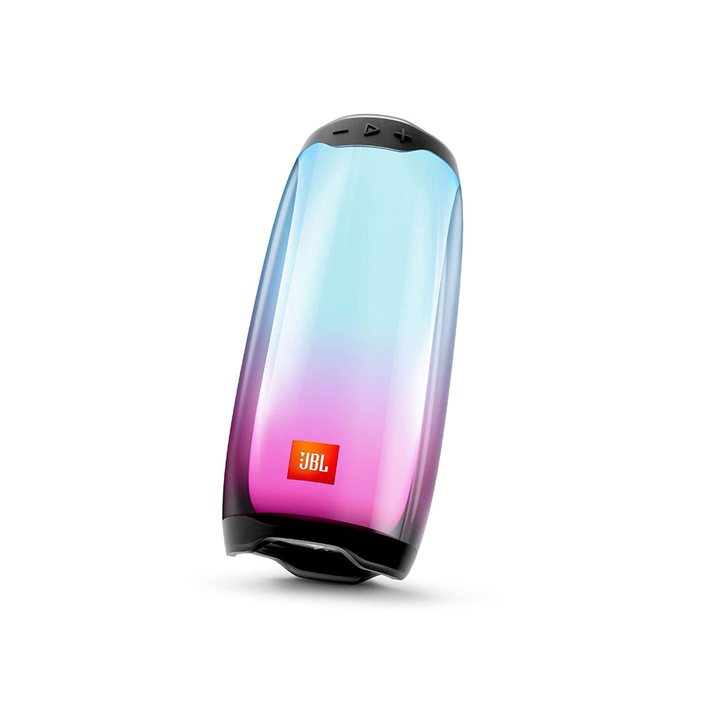 JBL Pulse 4 portable Bluetooth speaker in black with glowing LED light effects.