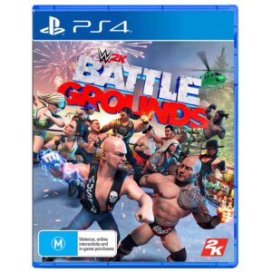 WWE 2K Battlegrounds PS4 game cover art featuring various wrestling superstars in an arcade style.