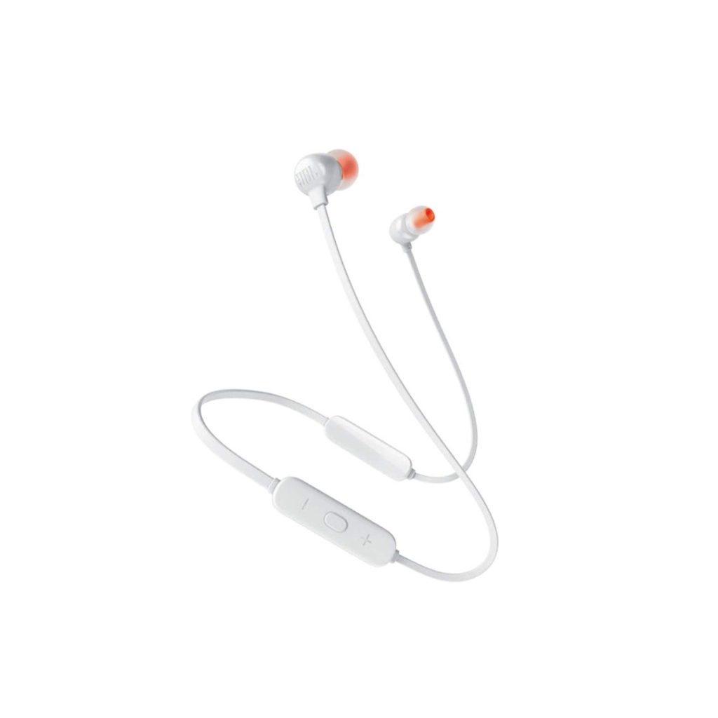A pair of white JBL Tune 115BT wireless earbuds with a neck cable design.