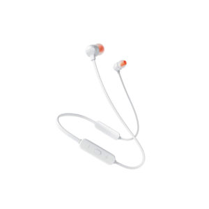 A pair of white JBL Tune 115BT wireless earbuds with a neck cable design.
