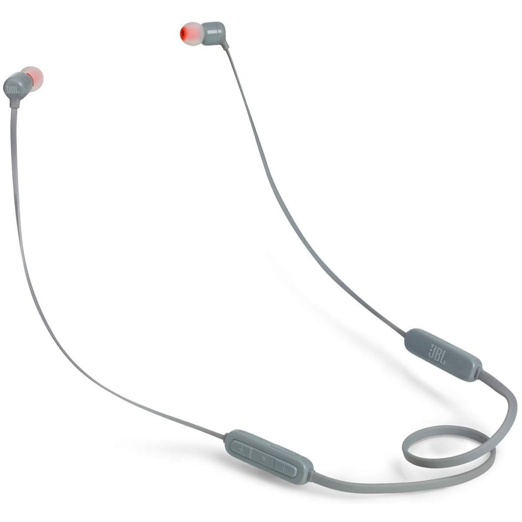 JBL Tune 115BT wireless earbuds in gray color featuring Pure Bass sound technology.