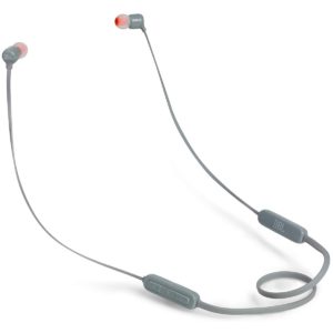 JBL Tune 115BT wireless earbuds in gray color featuring Pure Bass sound technology.
