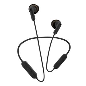 JBL Tune 215BT wireless earbuds in black featuring a sleek, cable-free design.