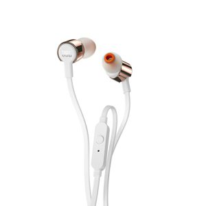 A pair of rose gold JBL Tune 210 in-ear wired headphones with a tangle-free cable.