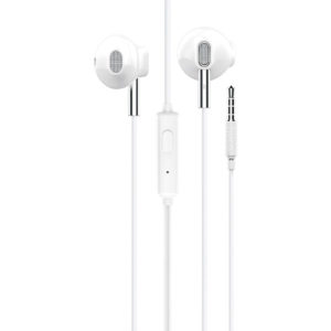 A pair of Hoco stereo earphones M57 in white with a sleek design.