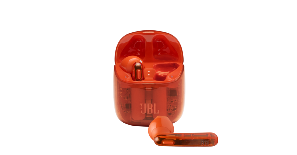 JBL Tune 225 Ghost Orange wireless earbuds featuring a unique transparent design and pure bass sound.