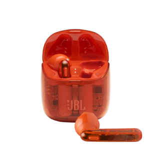 JBL Tune 225 Ghost Orange wireless earbuds featuring a unique transparent design and pure bass sound.