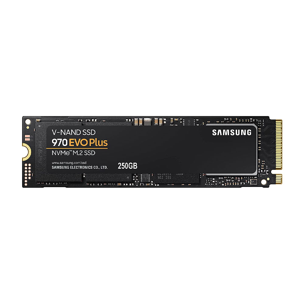 Samsung 970 EVO Plus 250GB NVMe M.2 SSD drive shown from a top-down perspective.