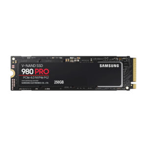 Samsung 980 PRO 250GB NVMe M.2 SSD PCIe 4.0 drive shown from a top-down perspective.