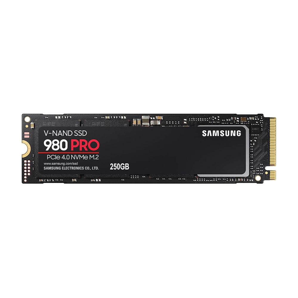 Samsung 980 PRO 250GB NVMe M.2 SSD PCIe 4.0 drive shown from a top-down perspective.