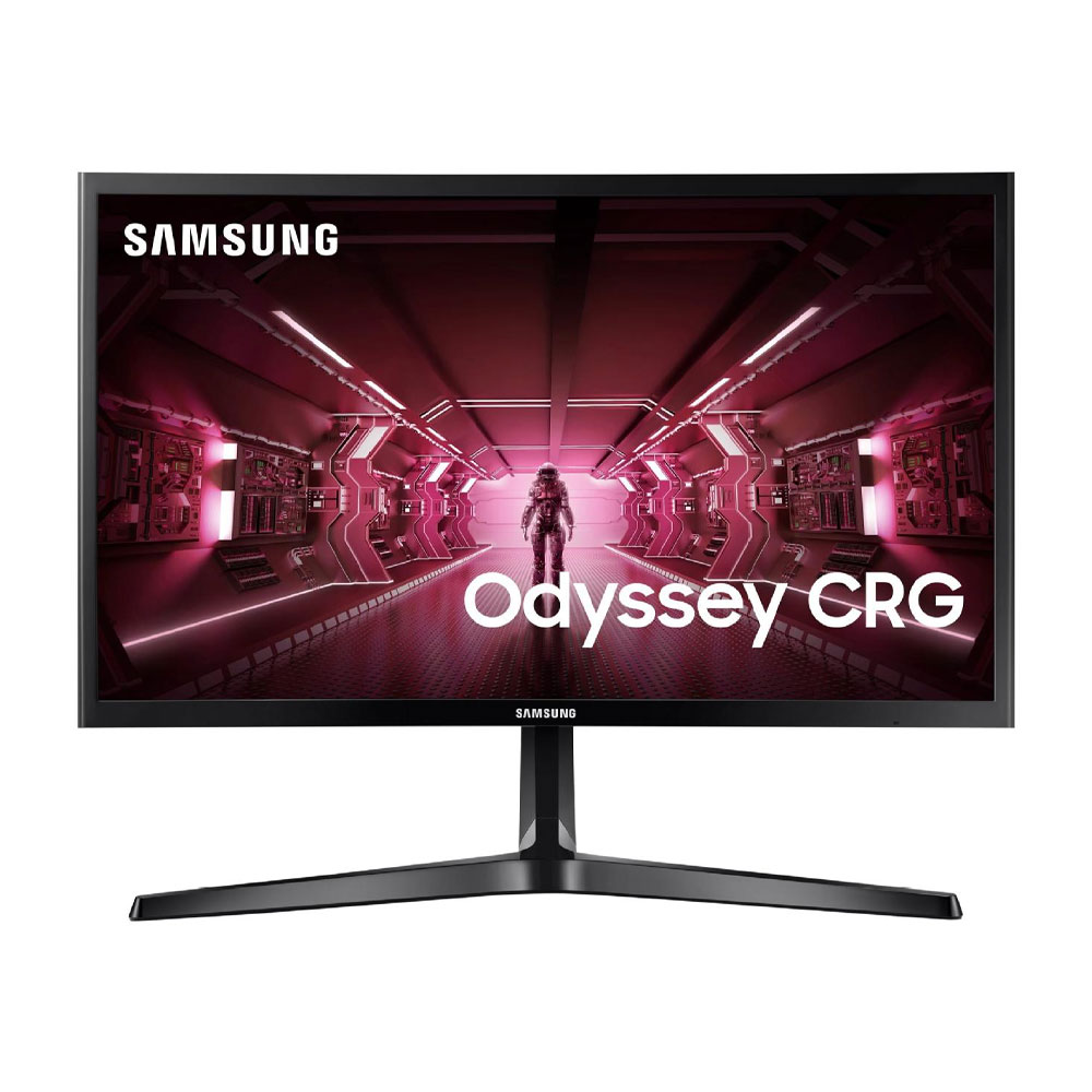 Samsung Odyssey CRG5 24-inch curved gaming monitor displayed on a desk.