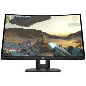 HP 24 inch FHD gaming monitor with a sleek curved screen design on a desk.