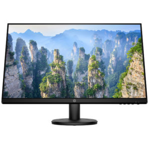 HP 27 inch monitor V27i display showing a clear FHD screen on a desk