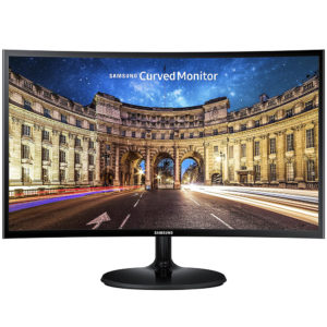 Front view of the Samsung 24 inch curved monitor displaying a vibrant desktop wallpaper
