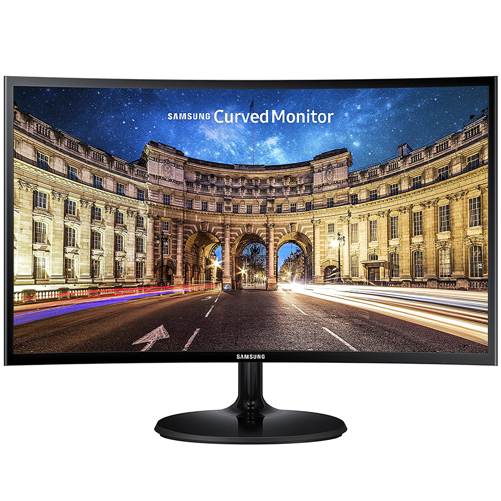 Front view of the Samsung 24 inch curved monitor displaying a vibrant desktop wallpaper