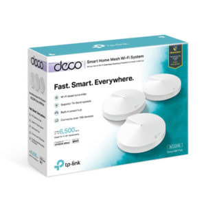 TP-Link Deco M9 Plus AC2200 3-pack mesh Wi-Fi system units on a white background.