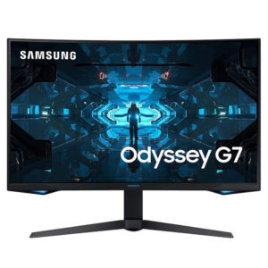 Front view of the Samsung 27 inch Odyssey G7 gaming monitor with a curved screen display.