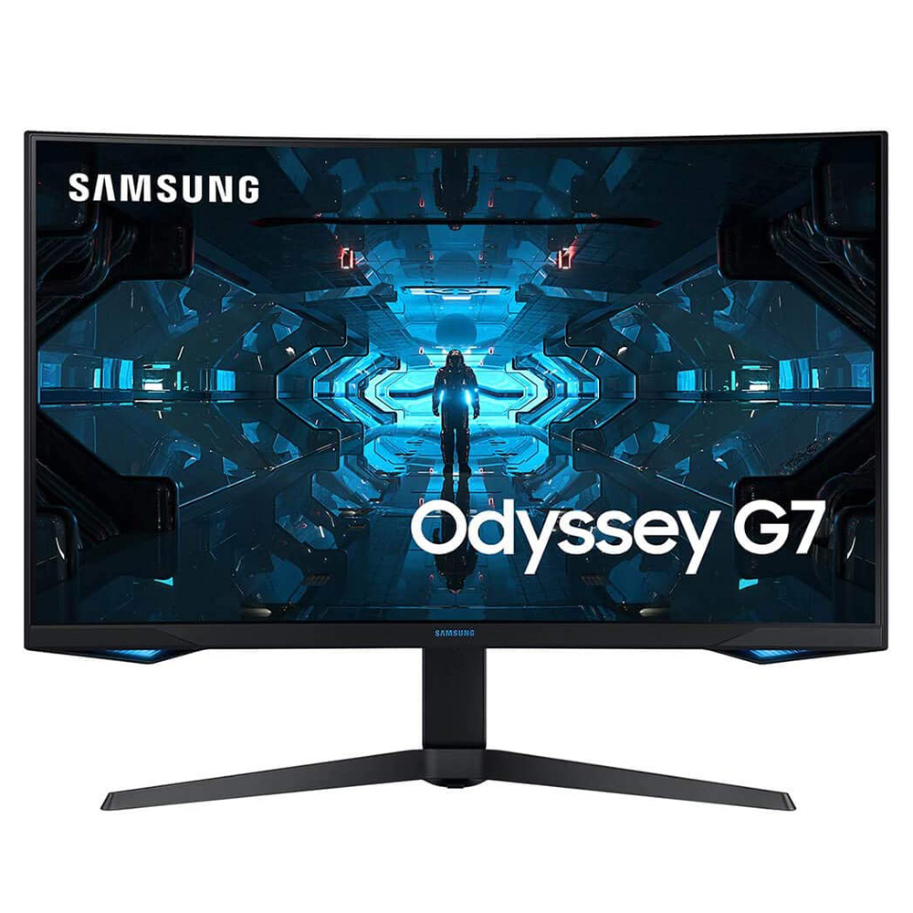 Front view of the Samsung 27 inch Odyssey G7 gaming monitor with a curved screen display.