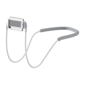 A white Baseus neck-mounted lazy bracket holding a smartphone for hands-free viewing.