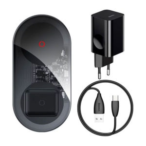 Baseus Simple 2in1 wireless charger 24W charging two devices on a desk