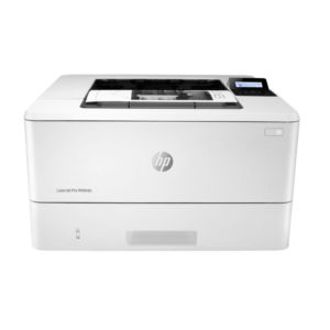 A professional HP Laserjet Printer M404dn sitting on a clean office desk.