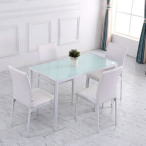 Dining Table No: DT-1481 4seater (White) featuring a minimalist rectangular top and matching white legs in a bright room setting