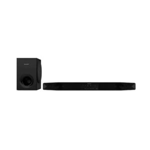 Sharp sound bar home theater system 2.1 210W model HT-SBW125 displayed on a shelf.