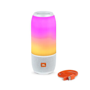 White JBL Pulse 3 Bluetooth speaker featuring integrated LED light show effects.