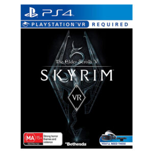 The official game cover art for Skyrim VR on PlayStation 4 featuring the dragonborn logo.