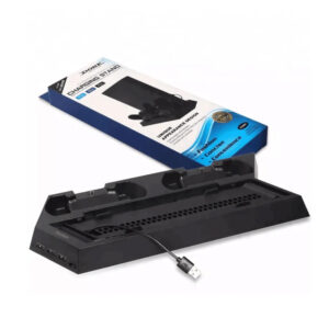 PS4 Pro vertical stand with dual charging dock, cooling fan, and USB hub for PlayStation 4 Pro and Slim consoles.