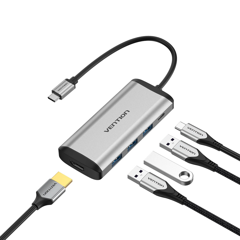 Vention Type-C to HDMI USB hub with three USB 3.0 ports and PD charging in metal gray finish.