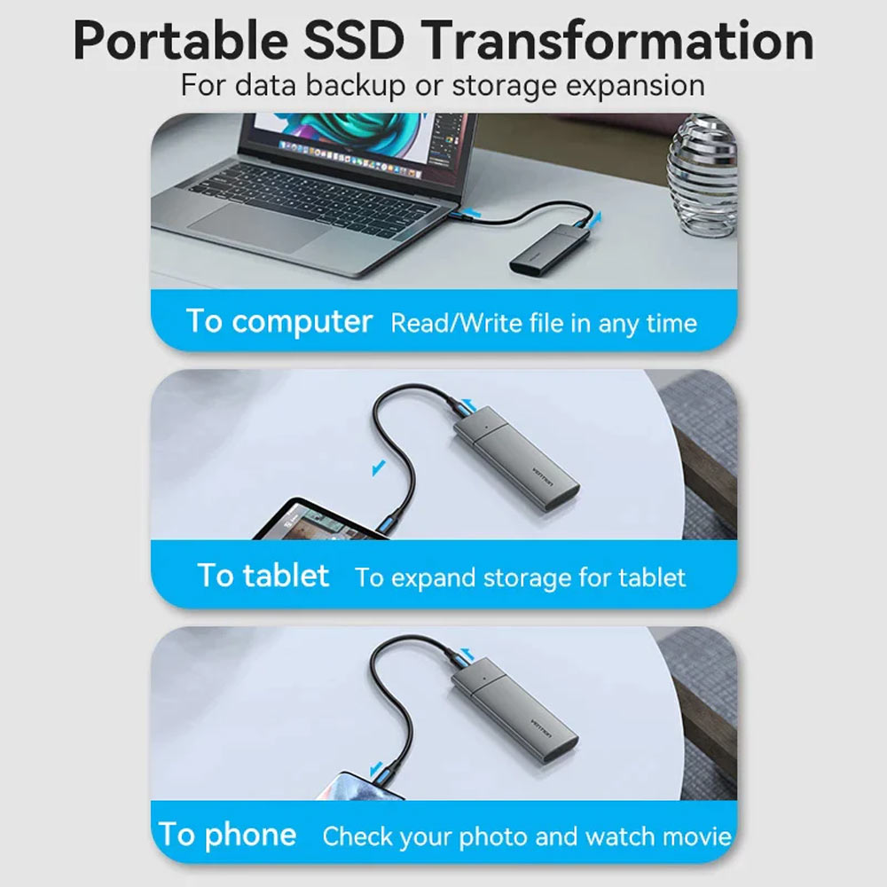 Vention M.2 NVMe SSD Enclosure (USB 3.1 Gen 2-C) Gray Aluminum Alloy - KPGH0 - Image 3
