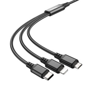 Hoco X76 3-in-1 charging cable with iP, Type-C, and Micro connectors in black