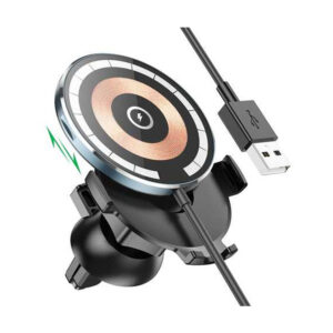 Hoco CW42 Discovery Edition multipurpose magnetic car wireless charger mounted on a car dashboard.