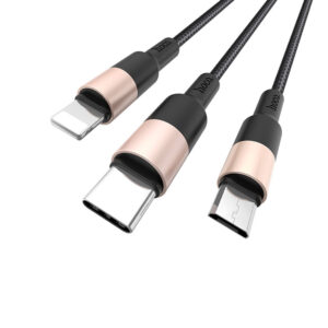 Hoco X26 3-in-1 charging cable with iP, Micro, and Type-C connectors in black and gold