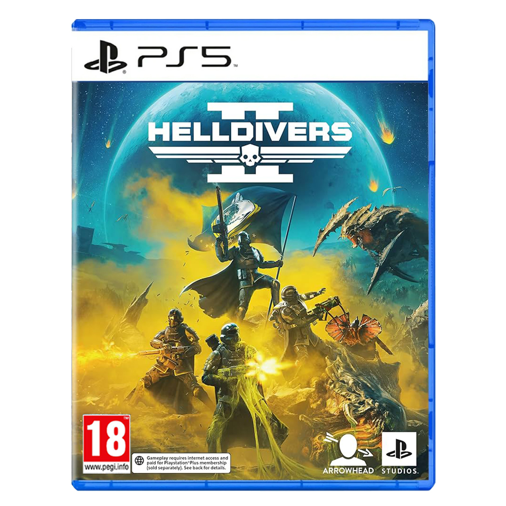 Official game box art for Helldivers II on PS5 featuring a soldier in combat