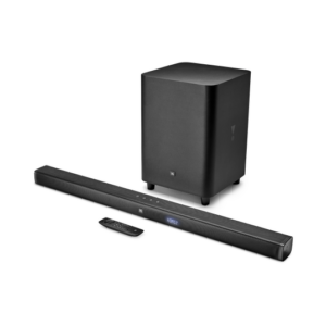 A sleek JBL Bar 3.1 sound bar with its wireless subwoofer displayed in a modern living room.