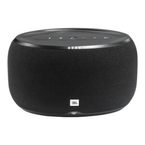 A sleek JBL Link 300 voice-activated portable speaker sitting on a wooden table.