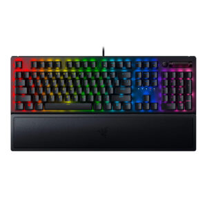 Razer Blackwidow V3 mechanical gaming keyboard with green switches on a desk