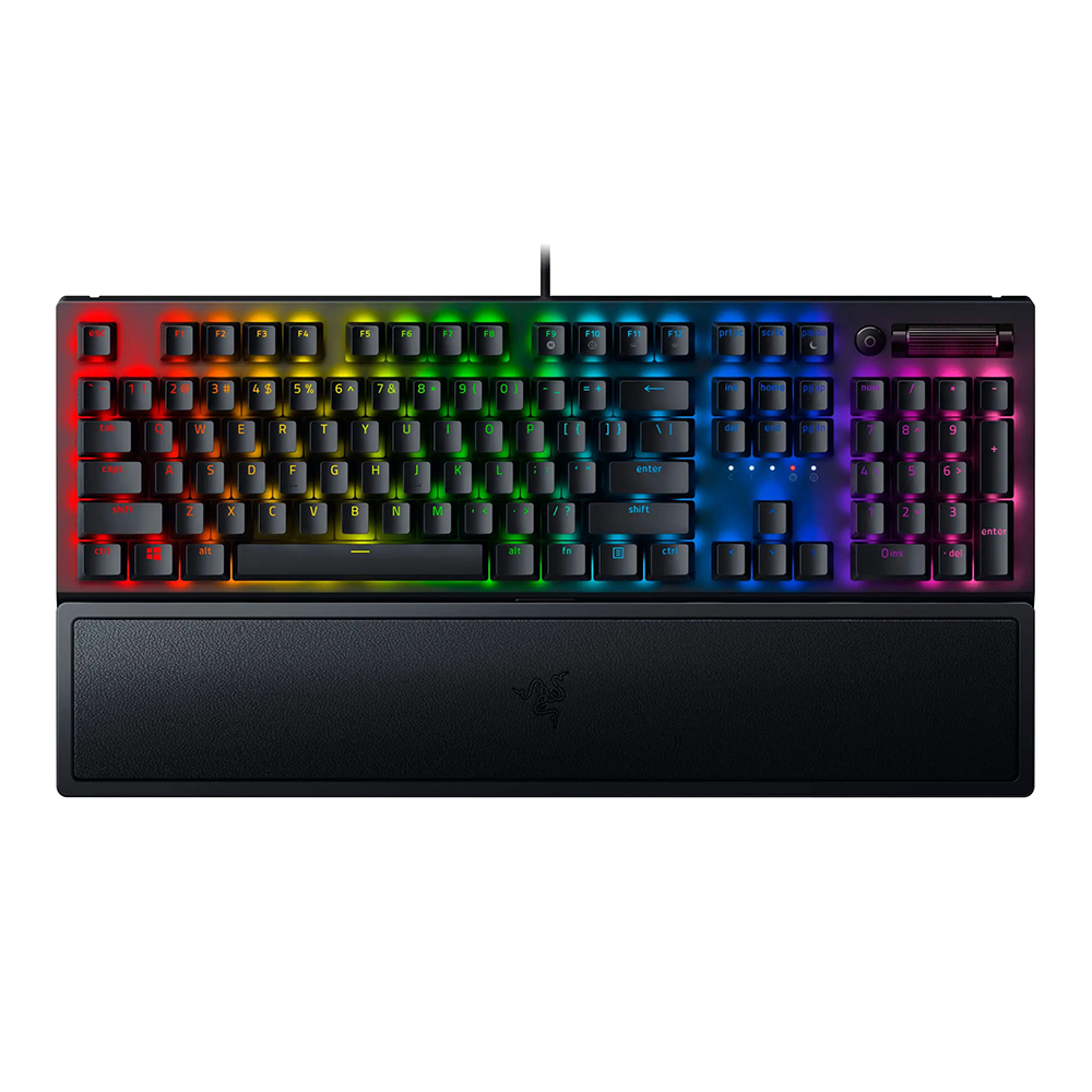 Razer Blackwidow V3 mechanical gaming keyboard with yellow switches on a desk.