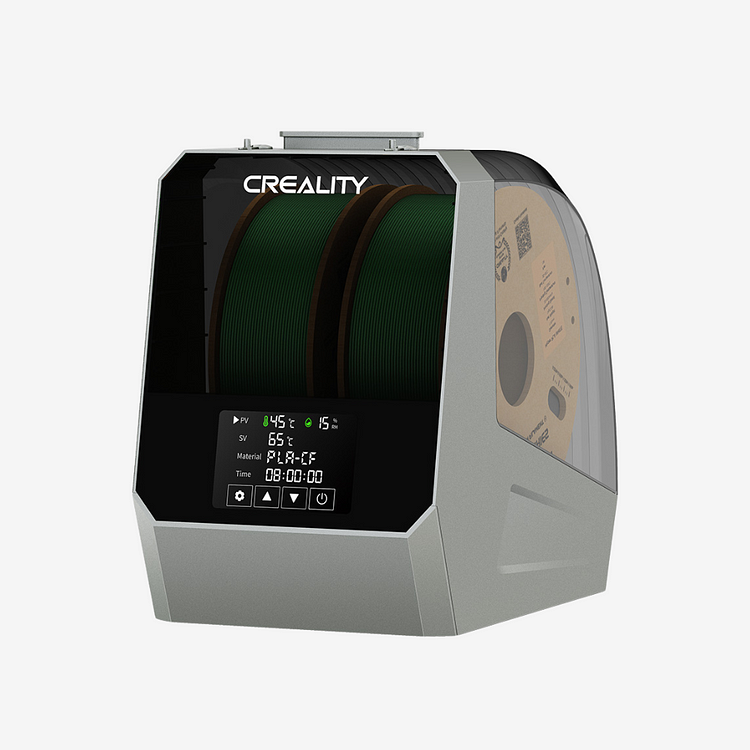 Creality Space Pi Filament Dryer Plus unit sitting on a desk next to a 3D printer