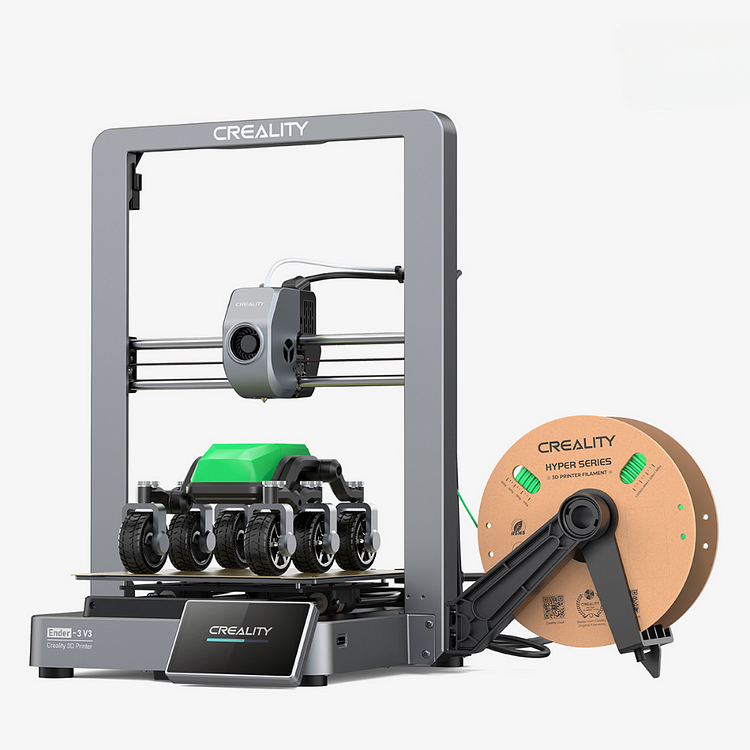 A high-angle studio shot of the Creality Ender-3 V3 3D printer on a clean white background.