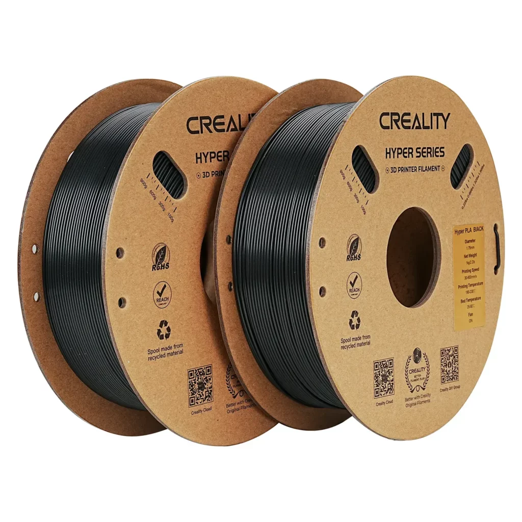 Two spools of black Creality Hyper Series PLA 1.75mm 3D printer filament.