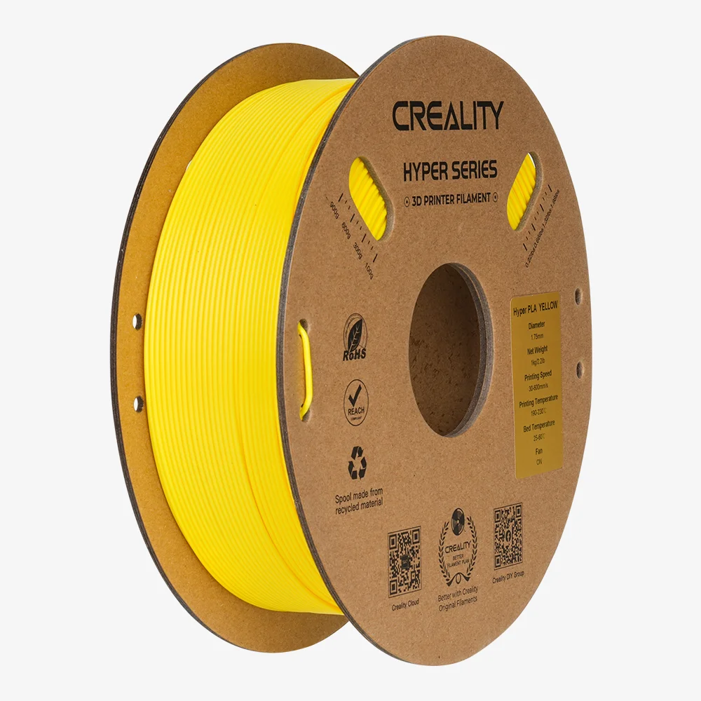 A 1KG spool of yellow Creality Hyper Series PLA 1.75mm filament for 3D printers.