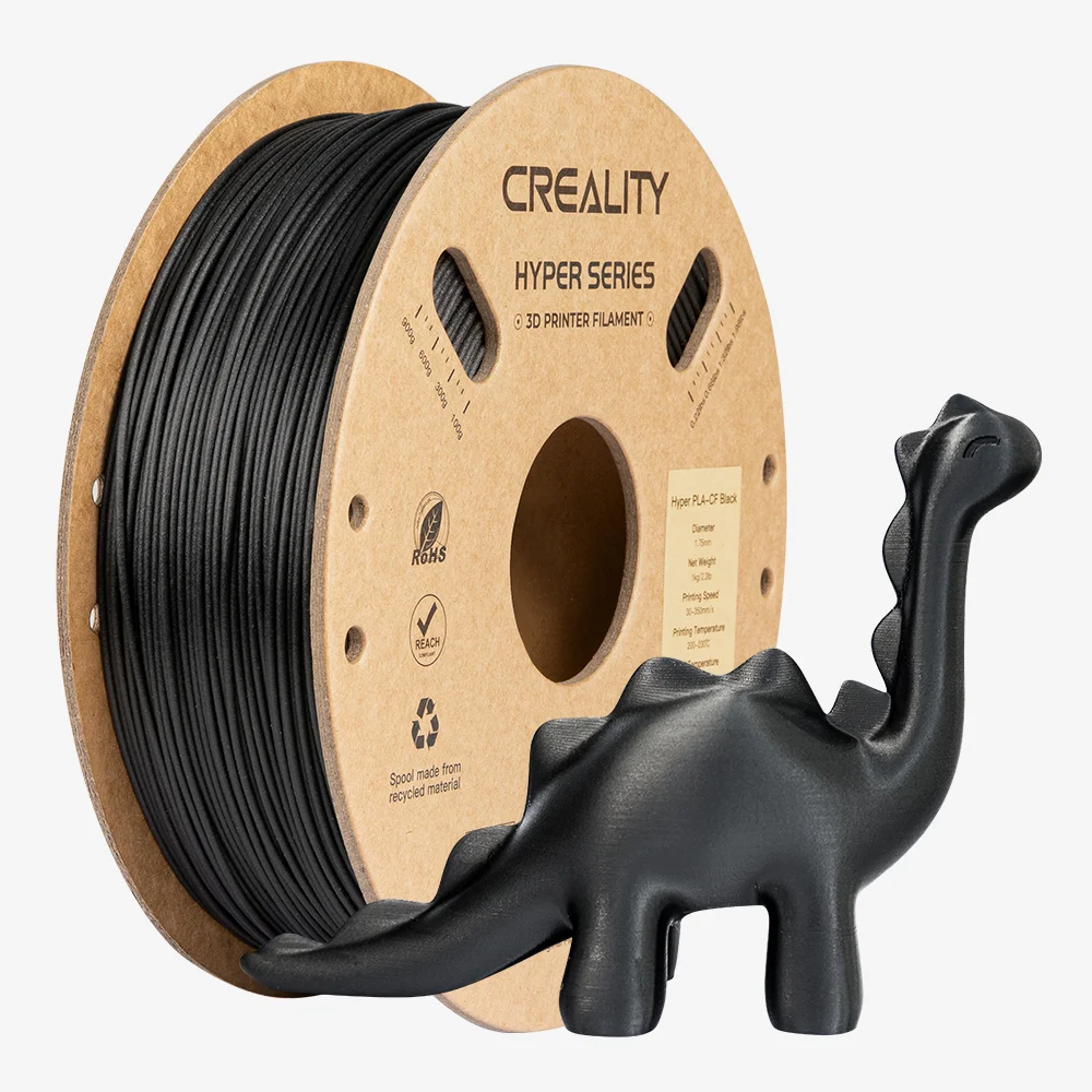 Spool of Creality Hyper PLA-CF 1.75mm matte black carbon fiber filament for 3D printing.