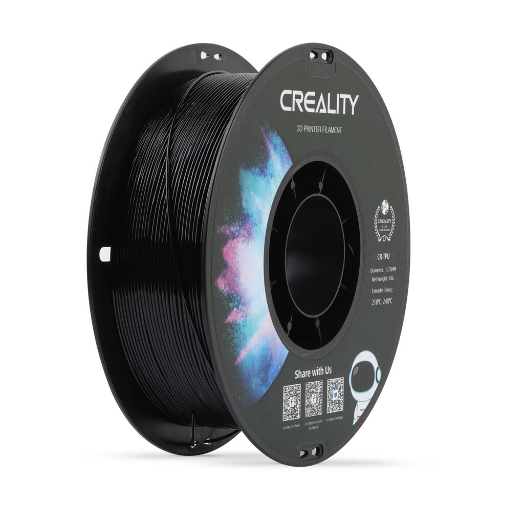 Spool of black Creality CR-TPU 1.75mm 3D printer filament on a white background