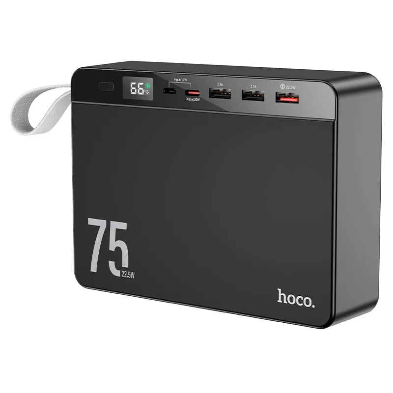 Black HOCO 75000mAh power bank with digital display and 22.5W fast charging capability